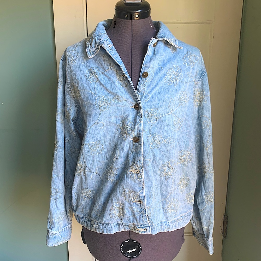 Denim button up with cream flower embroidery